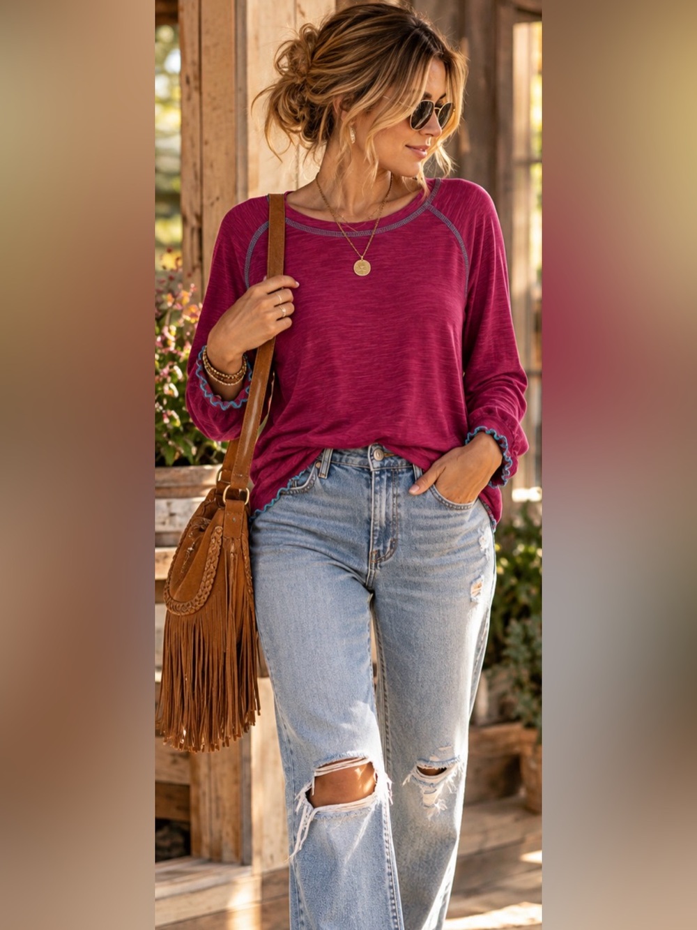 Natural Life Magenta Boho Slub Knit Top Turquoise Stitching